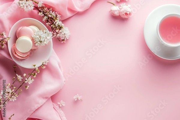 Fototapeta A delightful top down view of pink macarons, flowers, and a cup of tea set against a serene pink background.