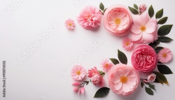 Fototapeta Flowers composition Frame made of pink flowers on white background Valentines Day background Flat lay top view copy space