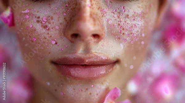 Fototapeta Close-up of organic rose water misting on face, Organic skincare, Refreshing and toning