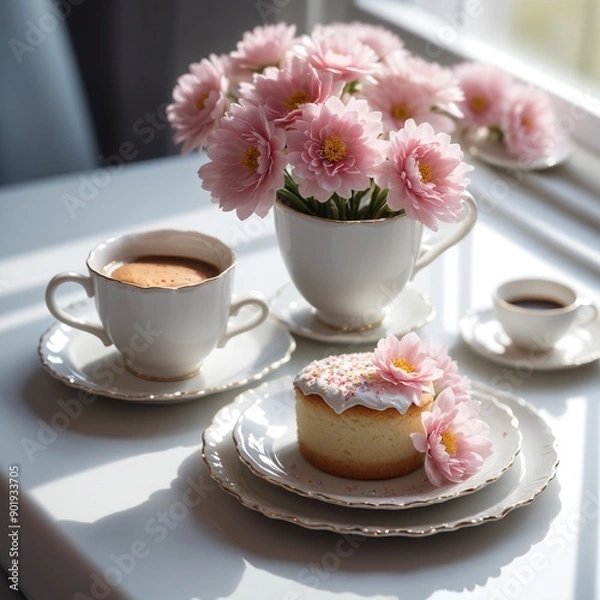 Fototapeta Delicious dessert cake and coffee cup on table. Light from window.