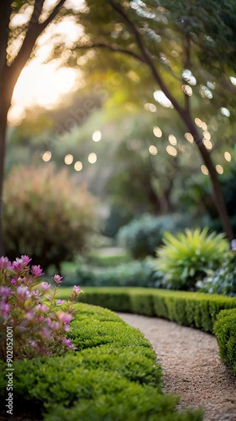 Fototapeta Springtime blurred bokeh on a peaceful garden and flower meadow