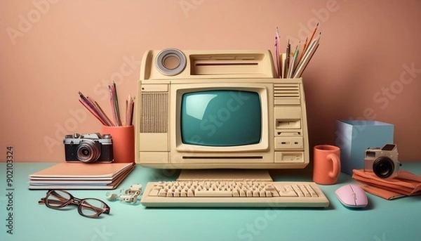 Fototapeta Vintage computer setup with accessories including keyboard, camera, and stationery items, displayed on a pastel background.