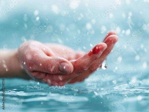 Fototapeta A hand emerges from water, droplets glistening, evoking a sense of tranquility and depth, with a hint of red.