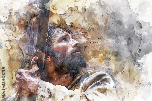 Fototapeta A man with a beard is holding a stick. He is looking up at something. The image has a religious theme