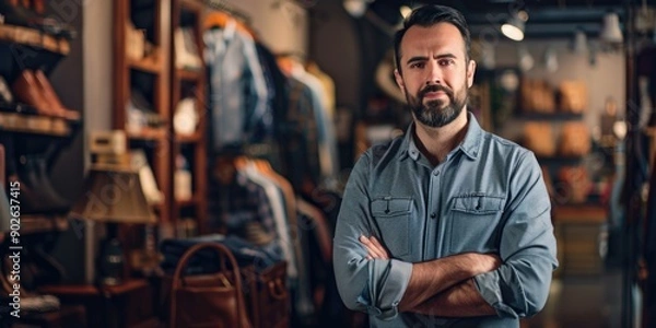 Fototapeta A man stands in a store with his arms crossed, looking at the camera. The store is filled with various clothing items, including a few handbags. The man is posing for a photo