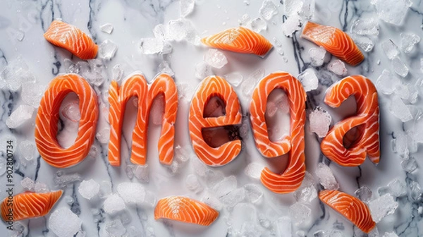 Fototapeta the word omega made from salmon on a marble background, vitamin, Omega-3, fat, dietary supplement, table, inscription, healthy lifestyle, food, diet, nutrition, fish, seafood, cooking, meal