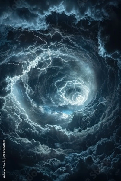 Obraz A large, swirling cloud of stormy blue sky with lightning bolts. The sky is dark and ominous, and the clouds seem to be moving in a spiral pattern. Scene is one of foreboding and unease