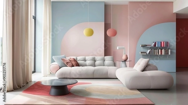 Fototapeta Modern Living Room with Pastel Colors, Sofa, and Unique Decor