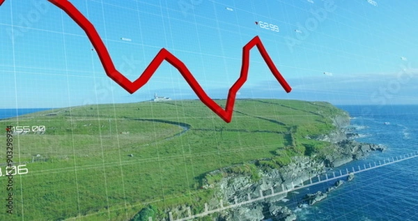 Fototapeta Image of red line and financial data processing over landscape