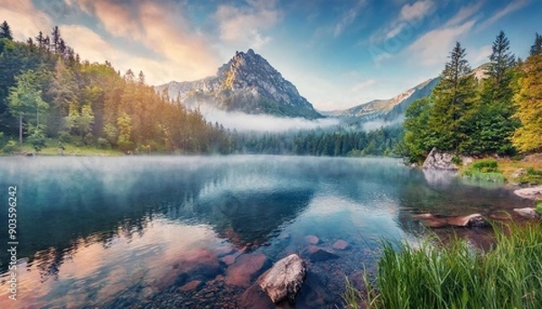 Fototapeta Fabulous misty morning scene of nature. View of Forest lake in highland with rocky peak on background. Stunning wild nature during sunrise. Amazing natural summer scenery Creative image for design