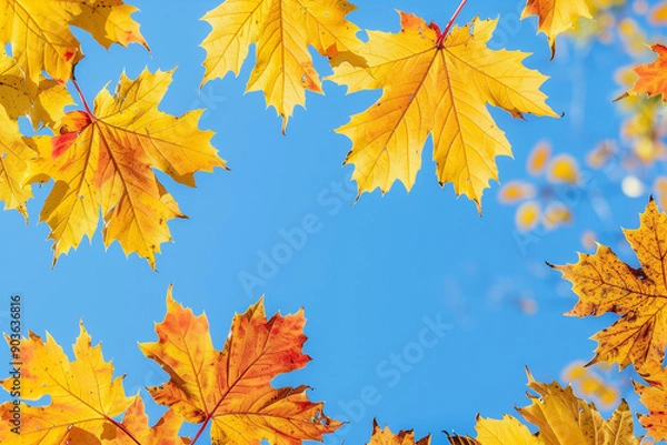 Fototapeta leaves of a tree are turning yellow and red against a blue sky