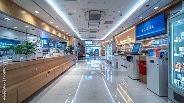 Fototapeta Pharmacy of Tomorrow: Modern Interior with Digital Prescription Kiosks