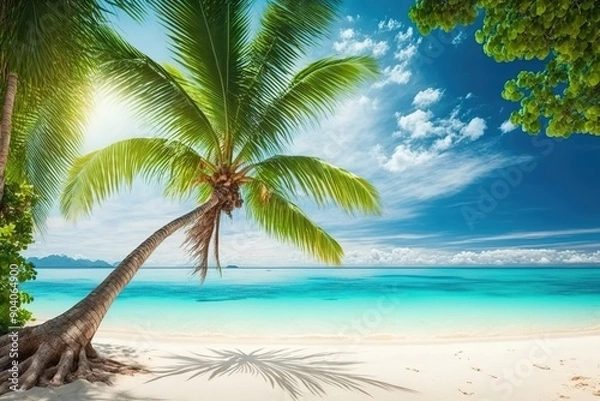 Fototapeta Tranquil palm tree on a white sandy beach with crystal clear turquoise water and a blue sky.