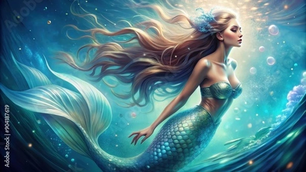 Obraz Beautiful mermaid with shimmering scales and flowing hair , mythical, underwater, fantasy, ocean, creature, enchanting