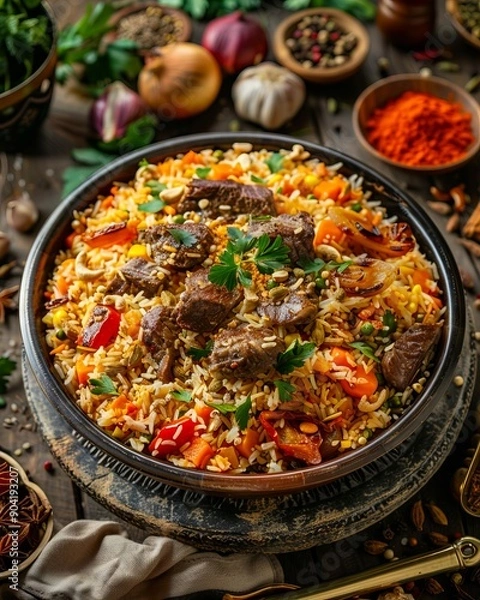 Fototapeta A bowl filled with rice and meat on top of a wooden table