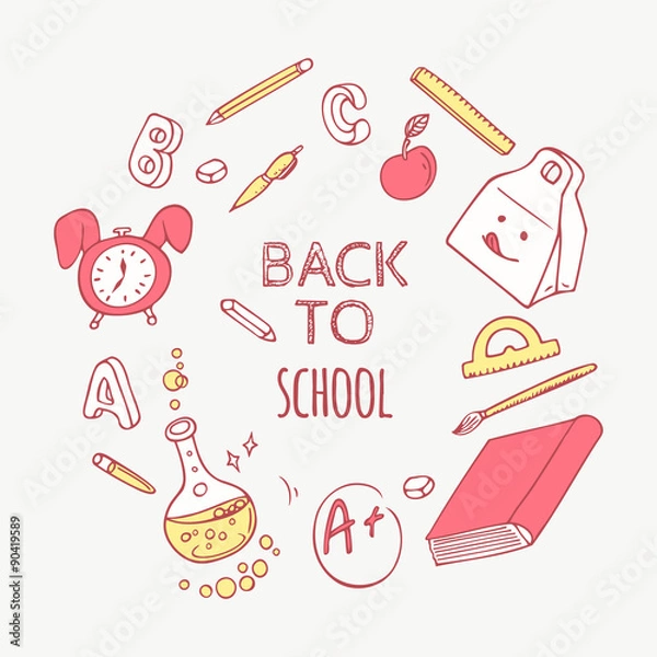 Fototapeta Back to school doodle objects background. Hand drawn school supplies