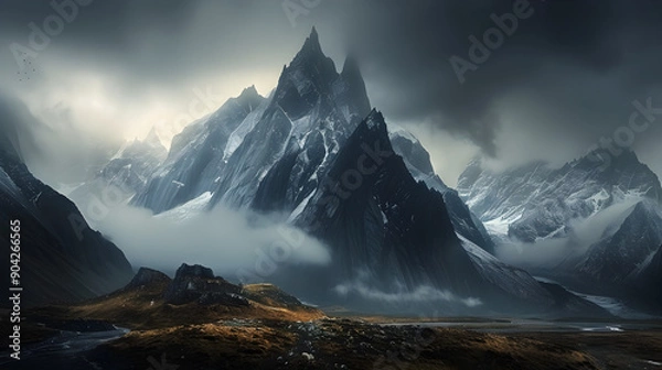 Fototapeta Dramatic mountain landscape, rugged peaks, stormy atmosphere, misty valleys, captivating natural beauty, outdoor adventure imagery, ideal for travel marketing, nature tourism, motivational themes,...