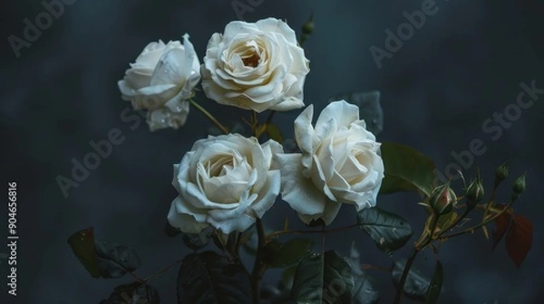 Fototapeta Elegant white roses in bloom against a dark, moody background, capturing the essence of natural beauty, tranquility, and timeless elegance.