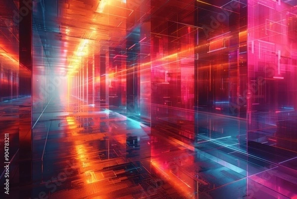 Fototapeta Futuristic Neon Corridor with Vibrant Light and Reflections