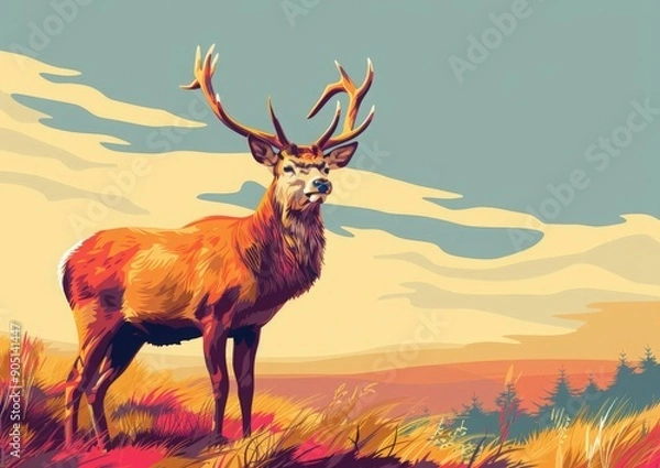 Fototapeta Red deer stands in a grassy meadow with a sunset sky in the background. The deer is rendered in a polygonal style