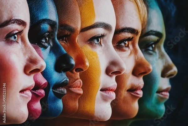 Fototapeta portrait of genetic diversity, faces painted in multicolored hues symbolizing global unity