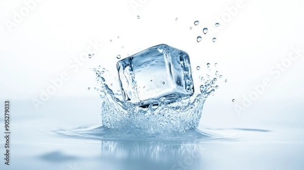 Fototapeta Falling ice cube with water droplets, isolated on white background, in sharp detail.