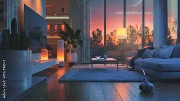 Fototapeta Modern Living Room with Sunset View