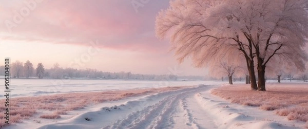 Fototapeta Beautiful morning winter landscape with snow-covered park, snowdrifts, cold pink skies and falling flakes of snow.