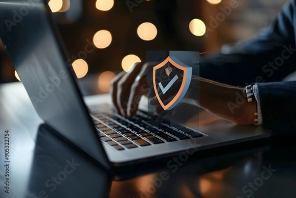 Fototapeta Digital illustration of a cybersecurity concept with a shield and various icons on a laptop screen. The image represents data protection and online security.