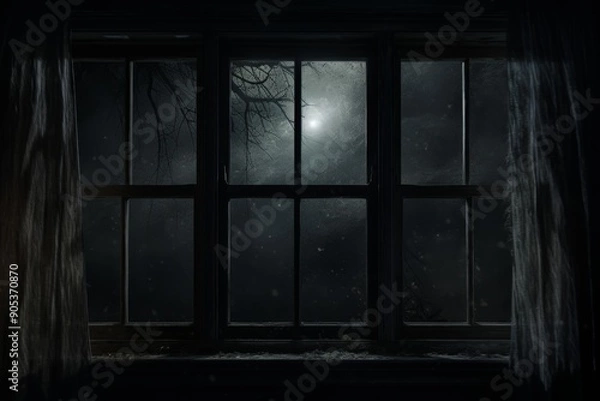 Fototapeta Moonlit Window with Billowing Curtains in a Dark Room