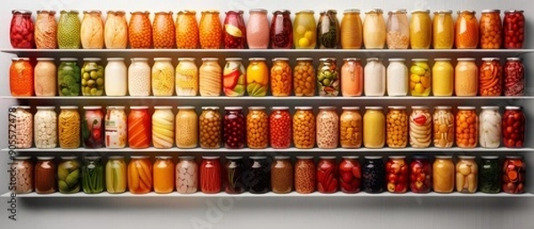 Fototapeta Colorful jars of homemade preserved fruits and vegetables neatly arranged on shelves, showcasing a variety of canning techniques and ingredients.