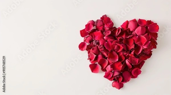 Fototapeta  "Heart made of red rose petals on a white background, Valentine theme, soft colors, high contrast, macro lens, natural light, copy space 