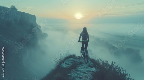 Fototapeta Woman on a Bike overlooking a Foggy Valley at Sunset