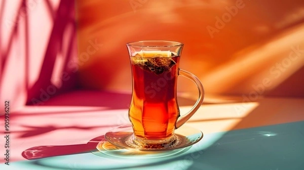 Fototapeta Turkish Tea Served on a Cheerful Bright Backdrop, Perfect for Capturing the Warmth and Joy of Turkish Tea Rituals