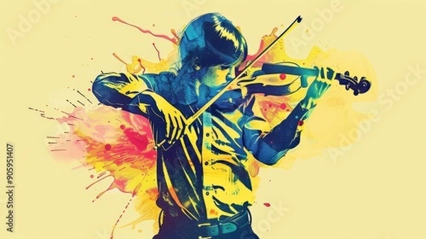 Fototapeta A young musician plays the violin with passion and expression, surrounded by vibrant watercolor splashes symbolizing the energy and emotion of music.