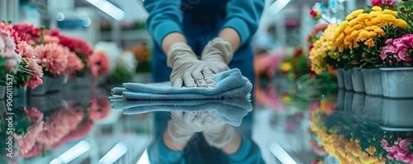 Fototapeta Front view of cleaning worker, microfiber cloth, shiny table reflection, modern lab, floristic concept.