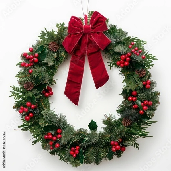 Fototapeta christmas wreath with red bow and berries on a white background