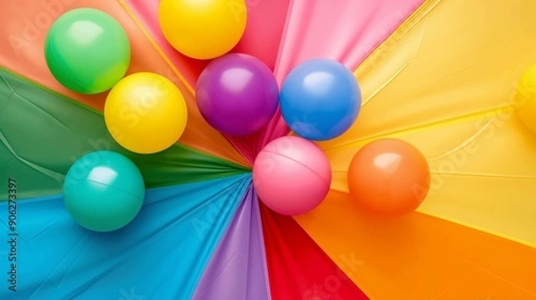 Fototapeta A colorful array of balloons in a rainbow pattern. The balloons are of various sizes and colors, creating a vibrant and cheerful atmosphere. Concept of joy and celebration