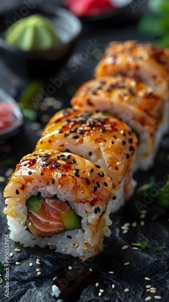 Fototapeta Close-up of a beautifully presented sushi roll with fresh salmon, avocado, and rice, topped with a glistening sauce and sprinkled with black and white sesame seeds.