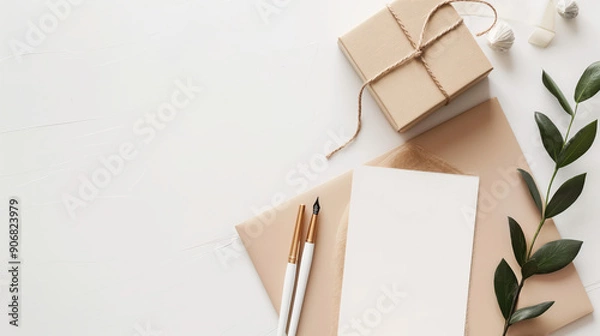 Fototapeta Flat lay of stationery items, including a blank note, pens, a gift box, and greenery, perfect for creative projects and inspiration.