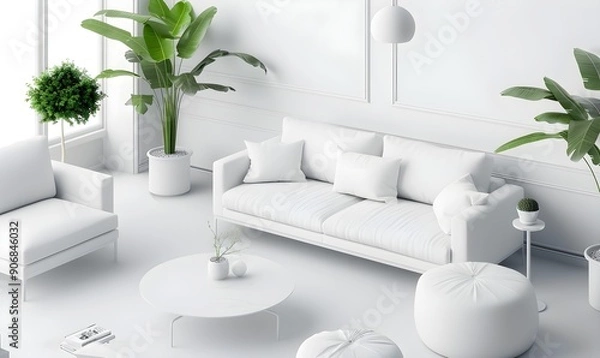 Fototapeta Minimalist White Living Room with Plants