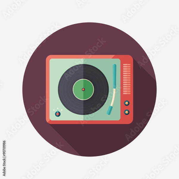 Fototapeta Vintage turntable flat round icon with long shadows.