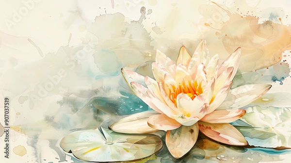 Fototapeta Watercolor tropical water lily in wet-on-dry style, delicate and detailed, bright pastel shades, light beige background