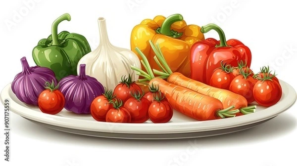 Fototapeta Illustration of a Plate of Fresh Vegetables with Carrots, Tomatoes, Peppers, and Garlic