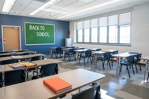 Fototapeta Colorful classroom with school supplies and "Back to School" written on the chalkboard, signaling the start of a new academic year. Background with copyspace