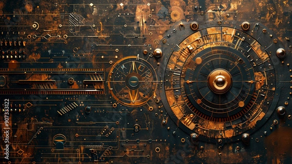 Fototapeta Intricate steampunk clockwork design with gears and circuits against a dark background