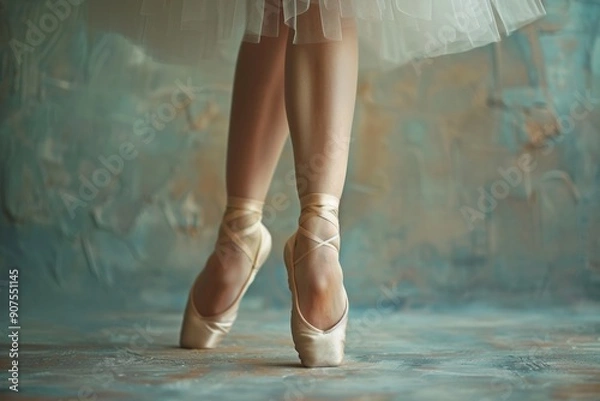 Fototapeta Graceful ballet dancer poised on pointe shoes in a dimly lit studio.