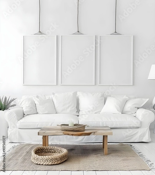 Fototapeta Minimalist White Living Room with Wooden Coffee Table and Beige Rug