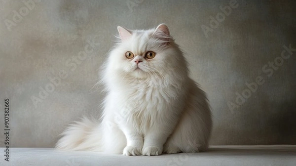 Obraz White Persian Cat Sitting on a Grey Background