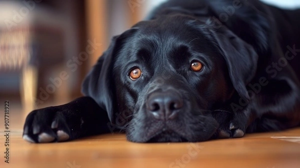 Fototapeta Lonely bored black labrador dog waiting at home, lying alone on wooden floor, close-up portrait